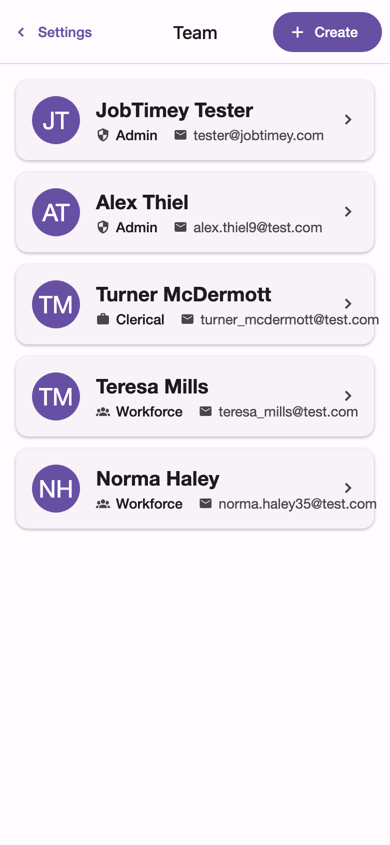 mobile team-settings screenshot