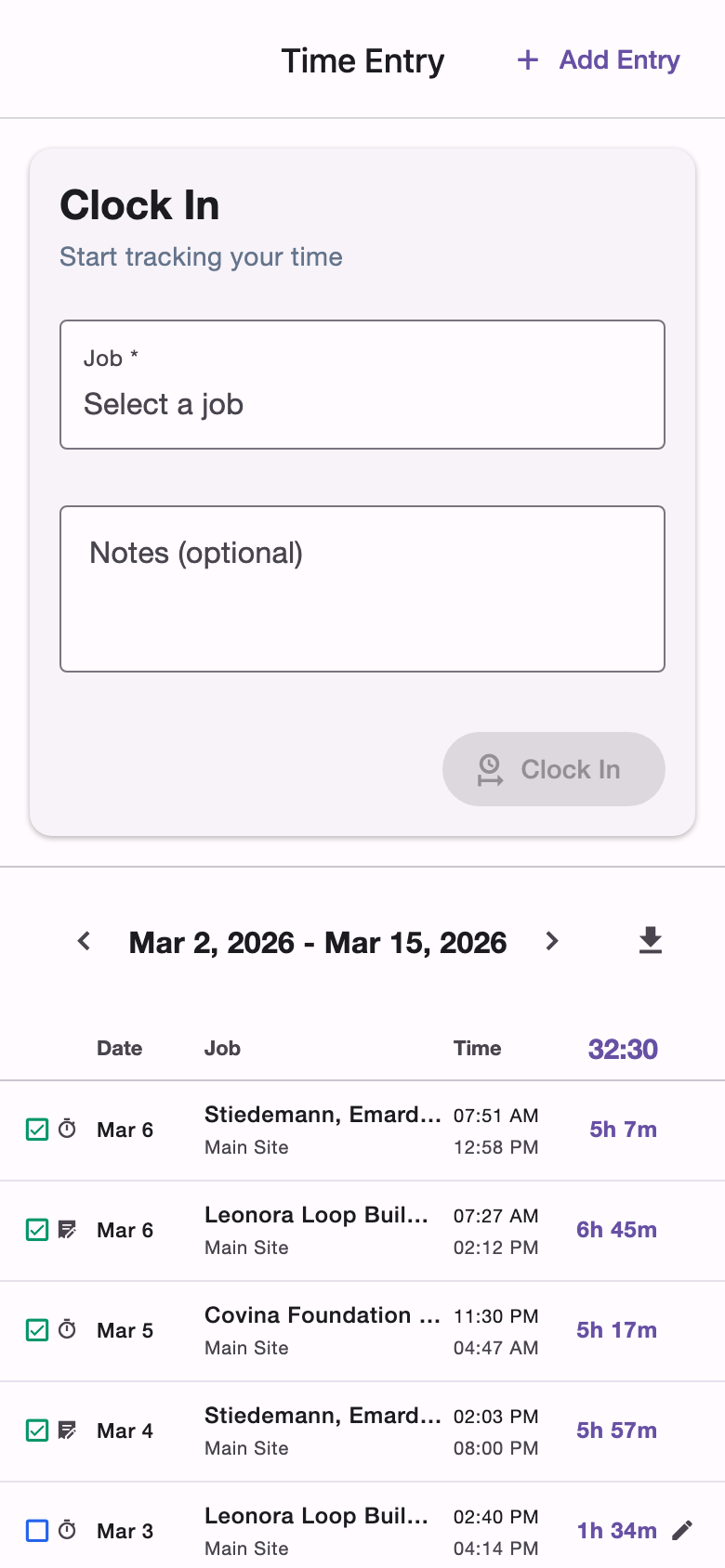 mobile time-entry screenshot