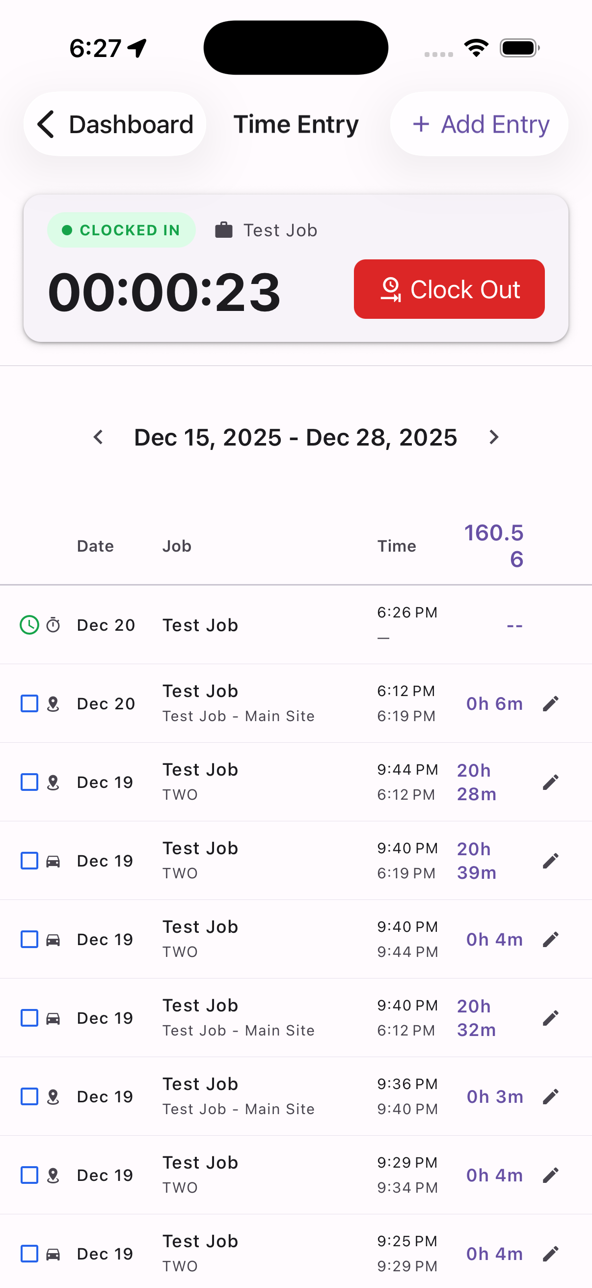 JobTimey time entry screen showing active clock and timesheet history